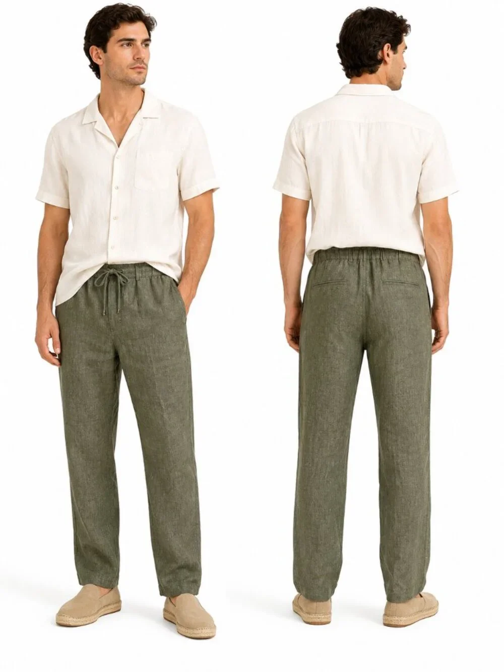 NOHOW Linen Drawstring Casual Pants Men Green Relaxed Straight Leg Size EU 50